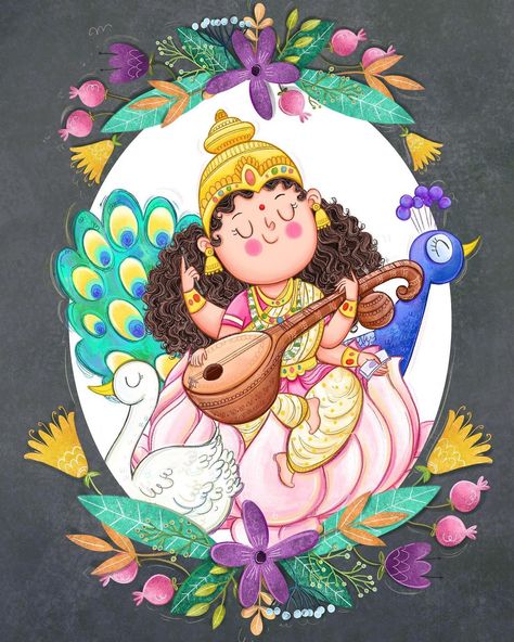 Saraswati Painting, Happy Vasant Panchami, Vasant Panchami, Goddess Saraswati, God Artwork, Vedic Art, Goddess Artwork, Radha Krishna Art, Indian Art Paintings