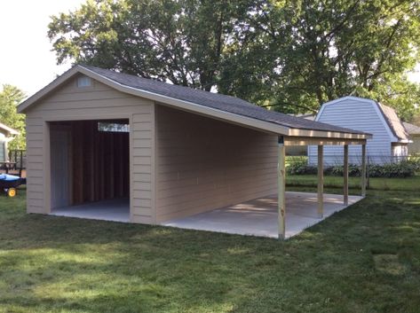 Shop Lean Too, Garden Shed With Lean To, Shed Lean To Ideas, Add On To Shed, Storage Building With Lean To, Garage With Attached Covered Patio, She’d With Lean To, Garage With Lean To On Both Sides, Lean To Addition On House