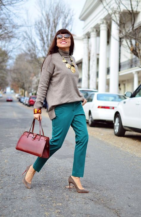 What to wear with taupe @gap sweater. Taupe Shoes Outfit, Taupe Outfit Color Combinations, Taupe Outfit, Taupe Shoes, Teal Shoes, Teal Pants, Taupe Sweater, Color Outfits, Cool Skin Tone