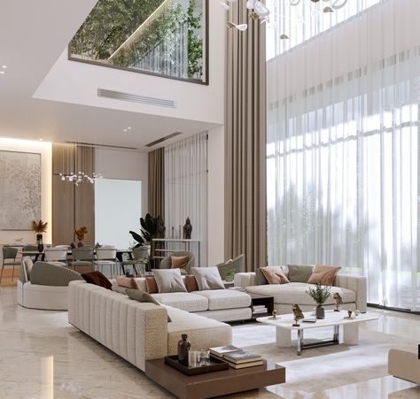 High Ceiling Living Room Modern, Living Room Designs Modern Luxury, Double Height Living Room, Living Room Designs Modern, High Ceiling Living Room, Modern Luxury Interior, Double Height, Luxury Living Room Design, تصميم للمنزل العصري