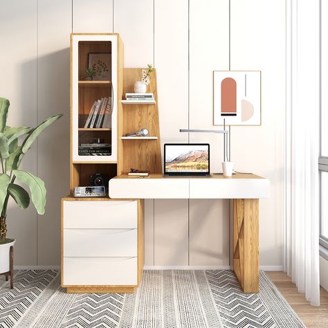 Cute Desk With Storage, Study Desk With Storage, Wooden Desk With Storage, Desk Design Ideas Bedrooms, Floating Desk With Drawers, Meja Belajar Aesthetic, Desks With Storage, Mdf Desk, Workspaces Design