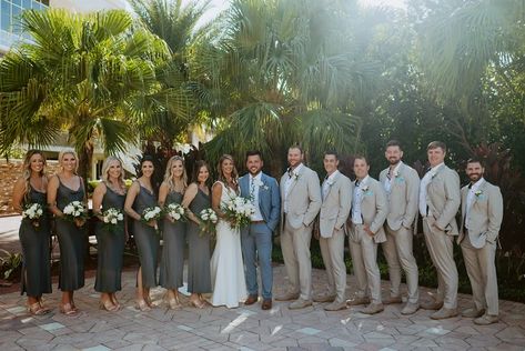 Wedding Spotlight: Halee & Josh Groomsmen Attire Tropical, Blue Groom Suit Tan Groomsmen, Beach Wedding Bridal Party, Groomsmen Attire Beach Wedding, Groomsman Attire, Greek Wedding Traditions, Large Bridal Party, Bridal Party Color Schemes, Beach Wedding Groomsmen