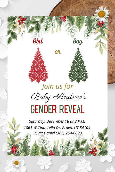 Gender Reveal Ideas Christmas Theme, Christmas Theme Gender Reveal Ideas, Christmas Tree Gender Reveal, Christmas Gender Reveal, Gender Reveal Ideas, December Holidays, Baby Gender Reveal Party, Gender Reveal Invitations, Digital Invite