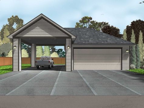 050G-0080: 2-Car Garage Plan with Carport Rv Port, Rv Garage Plans, Garage Plans Detached, Garage Addition, Garage Exterior, Garage Style, Carport Garage, Building A Porch, Carport Designs