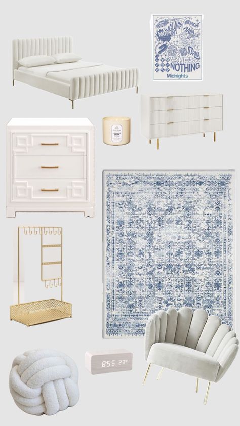 Bedroom Inspo Shuffles, Blue White Room Decor, Gold And Blue Room Decor, Room Ideas Aesthetic Blue And White, White Gold And Blue Bedroom, Blue And White And Gold Bedroom, Blue And White Teen Bedroom, Classic Room Aesthetic, Room Inspo Blue And White