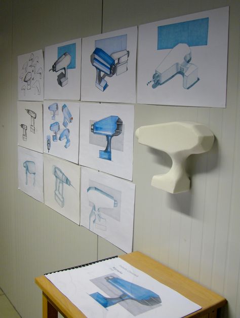 Izabella Chmielnik (School of Form) drill sketches and a foam model Foam Modeling, Form Studies, Loft Layout, Form Study, Industrial Design Portfolio, Industrial Shelf, Prototype Design, Industrial Home, Industrial Design Sketch