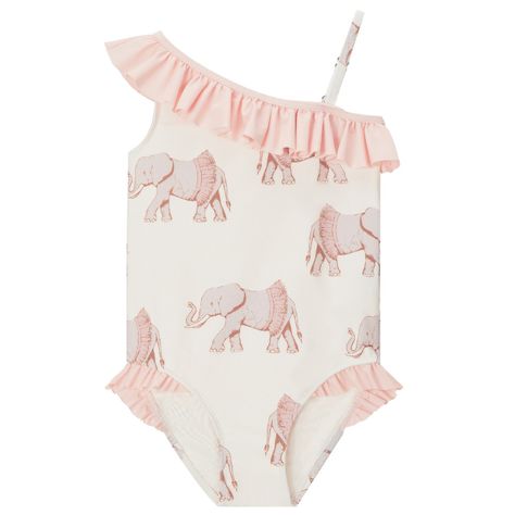 Size: 4-6T Off Shoulder Swimsuit, Kid Outfits, Elephant Colour, Baby Swimwear, Cascading Ruffles, Asymmetrical Neckline, Bygone Era, Kids Swimwear, Elephant Print