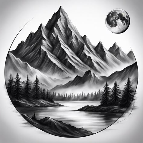 Nature Mountain Tattoo, Mountain Waterfall Drawing, Mountain And River Tattoo, Montagne Tattoo, Tree And Mountain Tattoo, Mountain Scene Tattoo, River Tattoo, Colour Tattoo For Women, River Waterfall