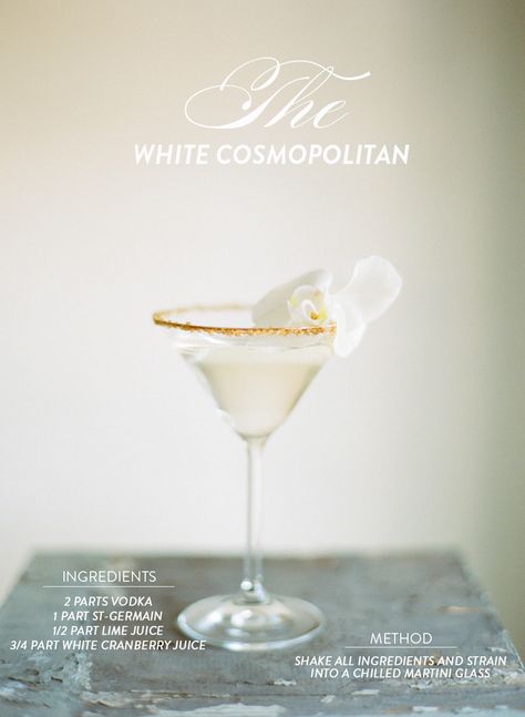 White Cosmopolitan, White Cosmo, White Cranberry Juice, White Cocktails, Tequila Sunrise, St Germain, Wedding Drink, Signature Drinks, Wedding Cocktails