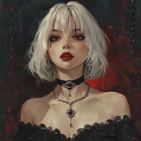 Lynette Bloodmoon Vampire Portrait Tattoo, Woman With White Hair Art, White Hair Oc Art, White Hair Girl Art, White Hair Vampire, Vampire Girl Art, White Hair Oc, Vampire Character, Vampire Woman