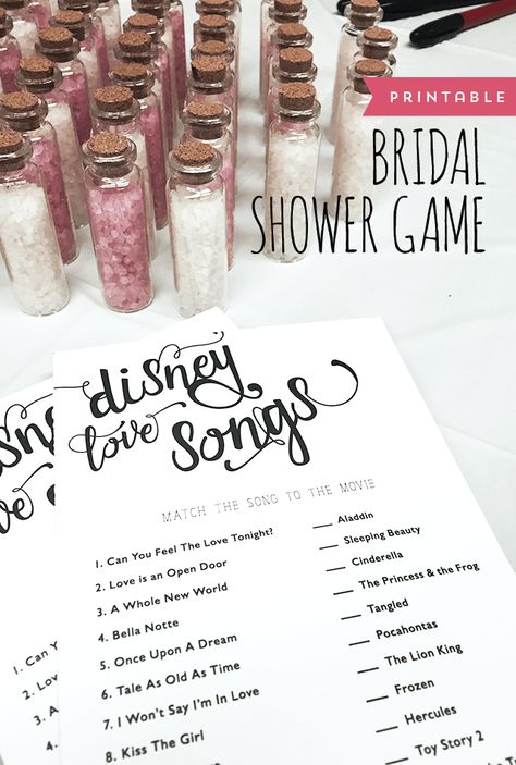 FREE Printable: Bridal Shower Game - Match the Disney Love Songs to Their Movie. Designs By Miss Mandee. A great game for large groups and wide age ranges! Simple, affordable, and fun. We played this at my sister's shower and it was a hit! Disney Love Songs, Disney Bridal Showers, Bridal Shower Planning, Printable Bridal Shower Games, Wedding Shower Games, Bachelorette Party Games, Bridal Shower Game, Bridal Brunch, Bridal Shower Party