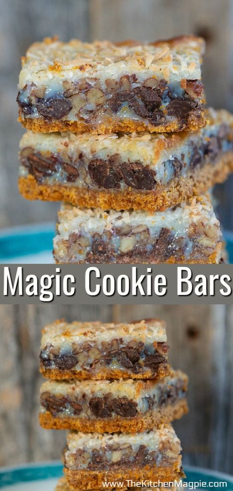 Is anything more classic than delicious Magic Cookie Bars? These condensed milk and chocolate coconut layer bars are so easy to make and are always a crowd favorite! #magicbars #7layerbars #hellodolly Magic Cookie Bars Recipe, Magic Cookie Bar Recipe, Cooking Websites, Magic Cookie Bars, Layer Bars, Condensed Milk Recipes, Dessert Simple, Dessert Bar Recipe, Cookie Bar Recipes