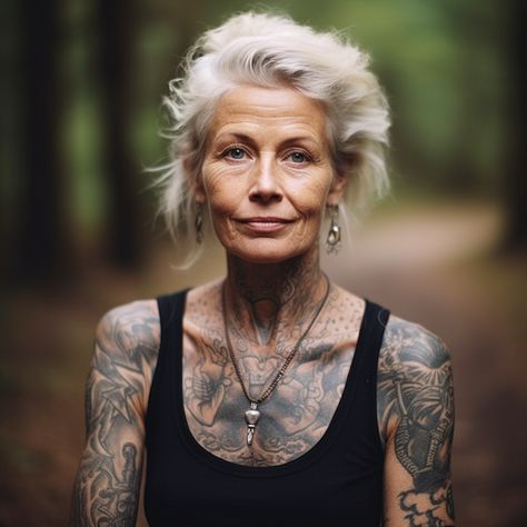 Imagined with Midjourney Grey Hair And Tattoos, Linda Rodin Style, Old Women With Tattoos, Women With Tattoos, Beautiful Aged Women, 50s Women, Classy People, Full Body Tattoo, Ageless Style