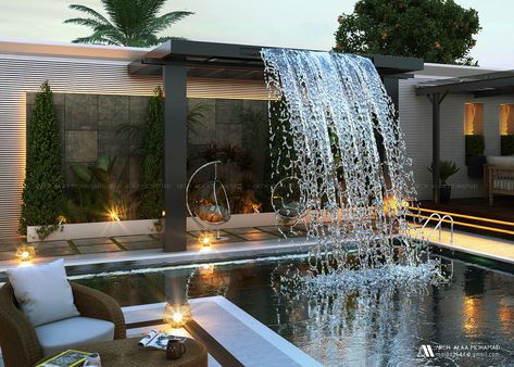 Landscape Design on Behance Dubai Villa Landscape Design, Swimming Pool With Fountain, Modern Swimming Pool Designs, Nice Pools, Villa Landscape Design, Pool Design Modern, Villa Landscape, Luxury Pools Backyard, Water Fountain Design