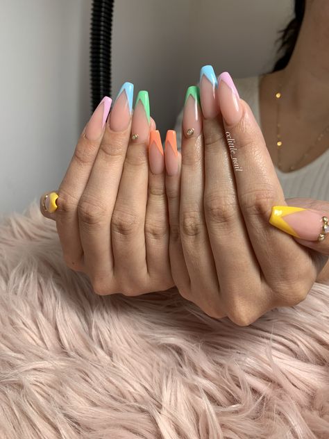 Coffin nails Multicolor French Tip Nails Coffin, Pastel French Tip Nails Coffin, Multi Colored French Tip Nails Coffin, Coffin Multi Color French Tip, Pride Nails Acrylic Coffin, Colour Tip Nails, Pretty Coffins, Medium Nails, Nails Tumblr