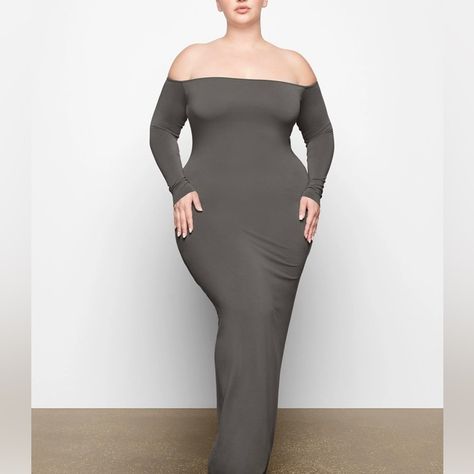 Skims Smooth Lounge Off The Shoulder Dress 4x Ap-Drs-2047 Color: Gunmetal New With Tags Long Sleeve Open Back Dress, Slip Dresses, Grey Maxi Dress, Open Back Dress, Fashion Mood Board, Form Fitting Dress, Silk Slip Dress, Open Back Dresses, Off The Shoulder Dress