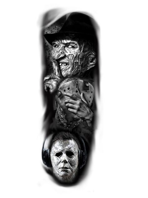 Scary Movie Tattoos Leg Sleeve, Freddy Jason Michael Tattoo, Scary Knee Tattoo, Scary Movies Tattoos, Omerta Tattoo Design, Freddy Krueger Tattoo Design, Horror Film Tattoo, Horror Leg Sleeve Tattoo, Horror Movie Tattoos Ideas