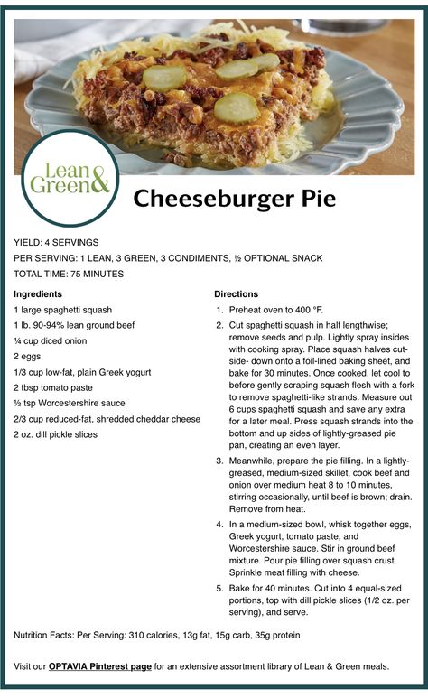 Optavia Cheeseburger Pie, Optavia Cheeseburger, Lean Dinners, Lean Protein Meals, Cheeseburger Pie, Cheeseburger Casserole, Sample Meal Plan, Lean Meals, Lean And Green Meals