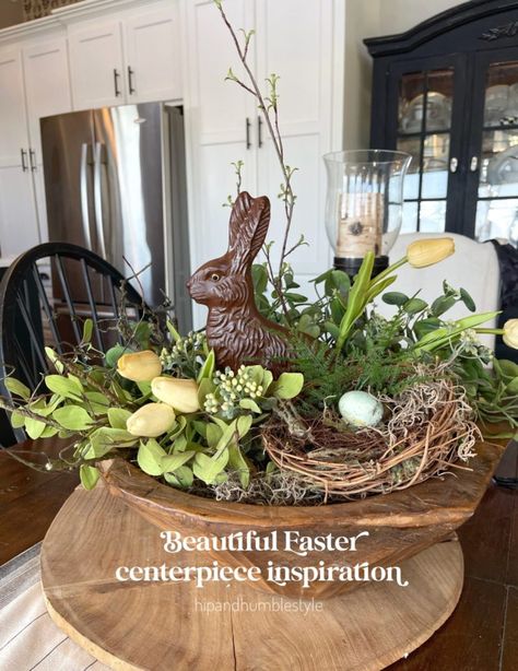 How To Create A Beautiful Easter Centerpiece Arrangement * Hip & Humble Style Hip And Humble Style, Elegant Easter Table Decor, Easter Table Centerpieces Diy, Dough Bowl Centerpiece Spring, Easter Dough Bowl Centerpiece, Easter Centerpieces Table, Easter Coffee Table Decor, Easter Dining Table Decor, Easter Table Scape