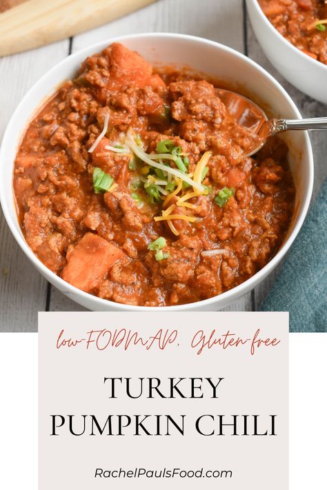 One-Pot Low-FODMAP Turkey Pumpkin Chili; Gluten-free | Rachel Pauls Food Low Fodmap Fall Soup, Low Fodmap Beef Recipes, Low Fodmap Fall Dinner, Low Fodmap Chili Crock Pot, Low Fodmap Butternut Squash Recipes, Low Fod Map Thanksgiving, Low Fodmap Turkey Chili, Turkey Pumpkin Chili, Low Fodmap Chicken