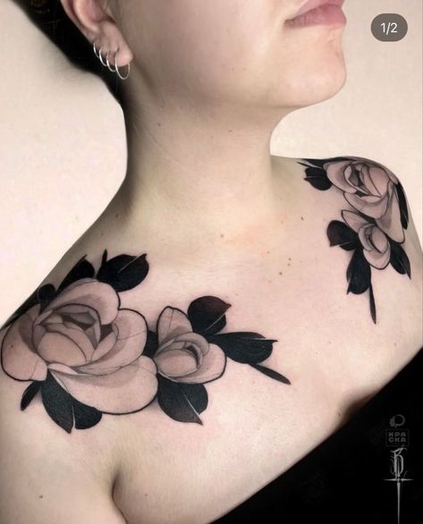 Neo Traditional Botanical Tattoo, Neo Trad Floral, Traditional Rose Tattoo Black, Black Peony Tattoo, Neotraditional Tattoo Black And Grey, Neo Traditional Flowers, Neotraditional Flowers, Black Dahlia Tattoo, Dahlia Tattoo