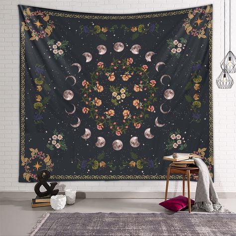 PRICES MAY VARY. Premium Material: The Moon Phase Tapestries are made from super soft and skin-friendly, durable, and environment-friendly polyester fabric, Good wrinkle resistance, and shape retention. lightweight and easy to hang or pack away for your indoor or outdoor use Amazing Design: This Botanical Moon Phase Tapestry combined with high-quality HD printing technology, Don’t worry about fading. Charming moon, vivid colors, clear lines, and delicate hemming bring an elegant and aesthetic de Moon Phase Tapestry, Wall Blanket, Carpet Wall, Blanket On Wall, Cottage Room, Flower Bedroom, Tapestry Bedroom, Bohemian Wall Decor, Bohemian Wall