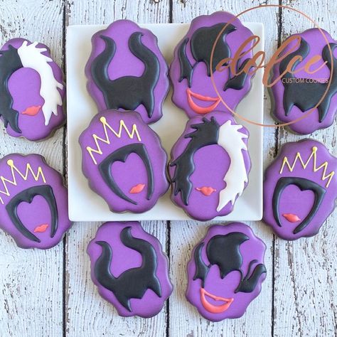 Descendants Cookies Decorated, Ursula Cookies Decorated, Disney Villain Desserts, Disney Villain Cookies, Sweet Cookies, Party Treats, Halloween Cookies, Birthday Cookies, Disney Villains