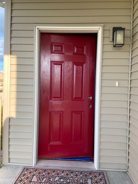 Cranberry Front Door, Exterior Door Paint Colors, Fun Front Door, Pvc Front Doors, Red Door House, Painted Exterior Doors, Tan House, Front Door Inspiration, Red Doors