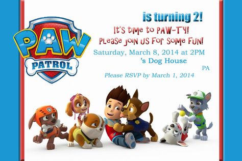 PAW Patrol Party! This site has tons of ideas and FREE pintable's or the links to the pintable's. Printable Paw Patrol, Paw Patrol Party Invitations, Paw Patrol Invitation, Paw Patrol Birthday Invitations, Monster Birthday Invitations, Princess Birthday Invitations, Disney Princess Birthday, Paw Patrol Birthday Party, Patrol Party