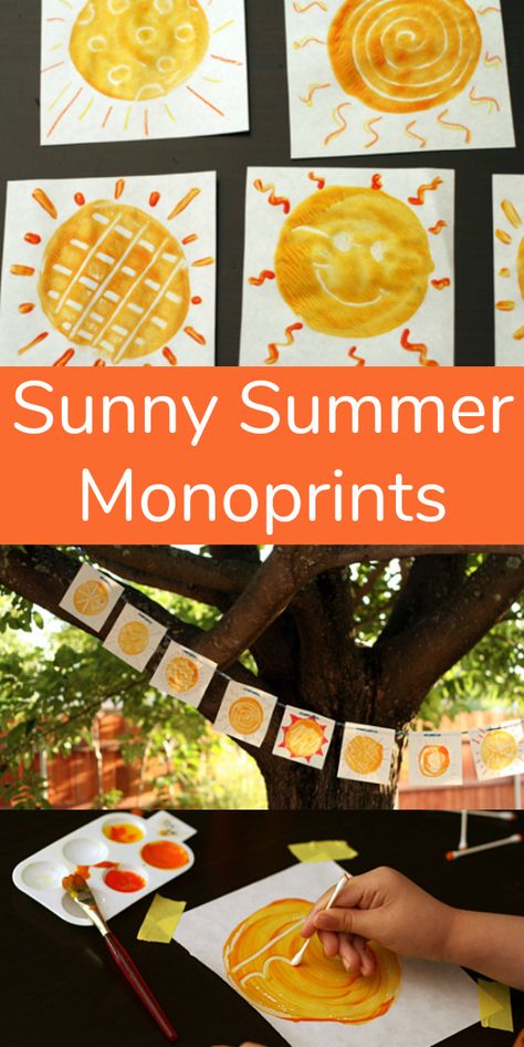 Welcome Summer with Sunny Monoprints | Make and Takes Welcome To Summer Camp Activities, Summer Reggio Activities, Summer Solstice For Kids, Summer Solstice Crafts For Kids, Summer Solstice Crafts For Adults, Welcome Summer Crafts For Kids, Summer Solstice Activities, Summer Season Craft, Summer Theme Activities For Preschool