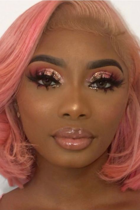 Instashirley_beats makeup looks aesthetic glitter pink Makeup Ideas For Prom Black Women Pink, Eyeshadow Look For Pink Dress, 23 Birthday Makeup, Light Pink Makeup Looks Black Women Prom, Makeup Looks Peach, Sweet 16 Glam Makeup, Prom Makeup Black Women Pink, Prom Glam Makeup Pink, Birthday Makeup Pink Glitter