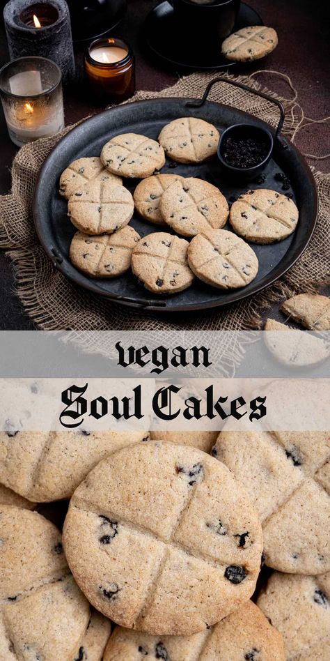 Vegan soul cakes - these delicious little spiced cakes/biscuits are a traditional British treat dating from medieval times. They were originally baked for All Hallow's Eve, All Saint's Day and All Soul's Day to commemorate the dead.

They are somewhere between a shortbread biscuit and a scone, have a warmly spiced flavour, are studded with currants and decorated with a cross. Vegan Soul Cakes, All Saints Day Food Ideas, Medieval Desserts, Soul Cakes, Vegan Bakes, Halloween Cake Recipes, Soul Cake, Easy Treats To Make, Kitchen Witch Recipes