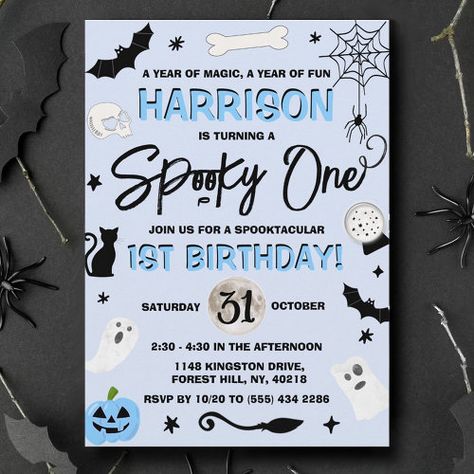 Spooky One! Boys Halloween 1st Birthday #firstbirthday #spiderscobwebs #spookyone #flyingbats #ghosts #jack-o-lanternpumpkin #halloweenbirthdayparty #blackwhiteblue #1stbirthday #boysbirthday Bone Magic, Witches Broomstick, Halloween 1st Birthdays, Spooky One, Witches Broomsticks, Flying Bats, 1st Birthday Invitation, Halloween 1, Birthday Halloween Party