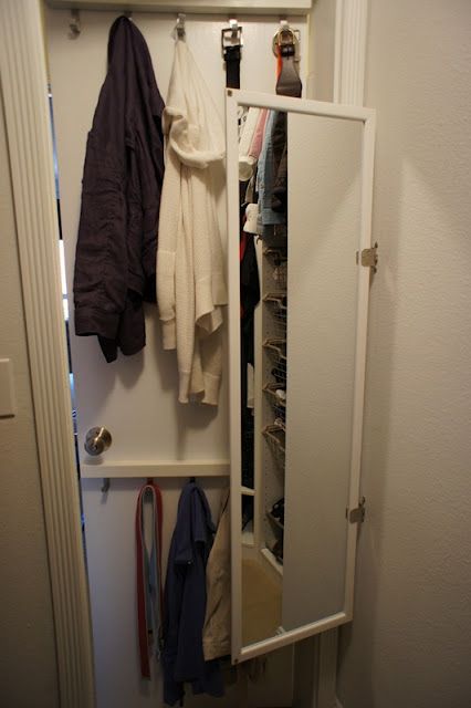 attached a $4 non-Ikea mirror with cabinet hinges so that I could swing it out when needed, but otherwise isn't in the way. Mirror On Hinges, Small Master Closet Organization, Pax Corner, Hinged Mirror, Dream Closet Clothes, Small Master Closet, Hinges Diy, Hackers Ikea, Closet Organization Bins