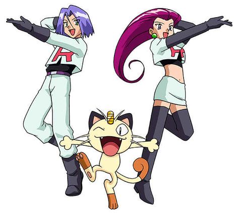 Ash and his friends are constantly being chased by two drag queens and a cat from Brooklyn. Team Rocket Costume, Pokemon Jessie And James, Jessie Team Rocket, James Pokemon, Pokemon Challenge, Bebop And Rocksteady, Group Cosplay, Trio Costumes, Pokemon Team Rocket