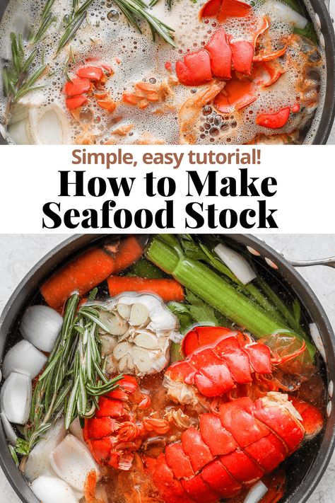 How to Make Seafood Stock - a simple step-by-step tutorial that will bring your favorite seafood soups and stews to the next level. #seafoodstock #homemadestock #howtomakeseafoodstock #seafoodstockrecipe #thewoodenskillet Seafood Soups And Stews, Fish Stock Recipe, Seafood Soups, Seafood Soup Recipes, Seafood Bisque, Seafood Stock, Stock Recipes, Seafood Chowder, Stuffed Shells Recipe