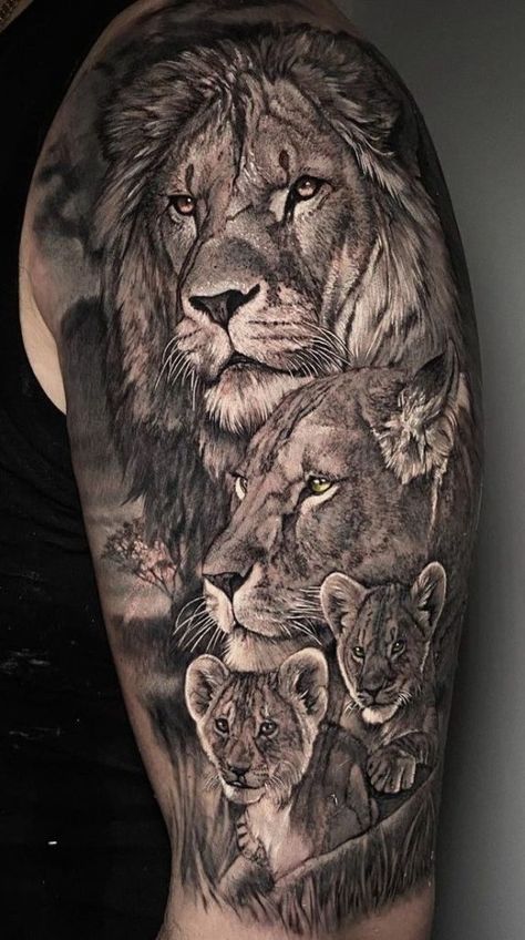 Majestic Lion Family Tattoo Designs for Men and Women: Sleeve, Forearm, Back, and Leg Ideas Family Tattoo Designs For Men, Lion Family Tattoo, Leo Lion Tattoos, Lioness And Cub Tattoo, Family Sleeve Tattoo, Lion And Lioness Tattoo, Lion Arm Tattoo, Roaring Lion Tattoo, Lion Shoulder Tattoo