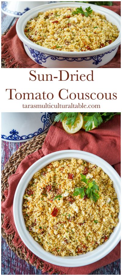 Sun-Dried Tomato Couscous in a large white and blue tagine. Couscous With Sundried Tomatoes, Sun Dried Tomato Couscous, Sundried Tomato Couscous, Sun Dried Tomato Rice Recipes, Tomato Couscous, Pearl Couscous Recipes, Making Couscous, East Recipes, Sundried Tomato Chicken