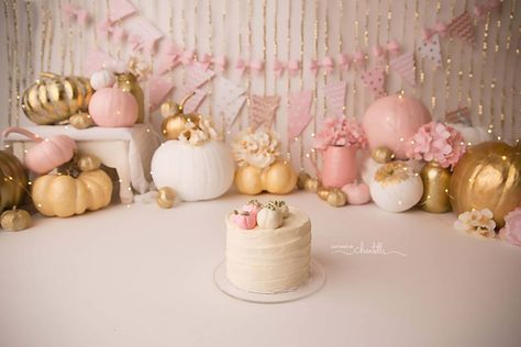 Pumpkin Cake Smash Photoshoot, Pumpkin Patch 1st Birthday Photoshoot, Pink Pumpkin Cake Smash, Pink And Gold Pumpkin First Birthday, Pumpkin First Birthday Photo Shoot, Our Little Pumpkin Is Turning One Decor, First Birthday Girl Themes Fall, Pink Pumpkin Birthday Party, Pumpkin Cake Smash