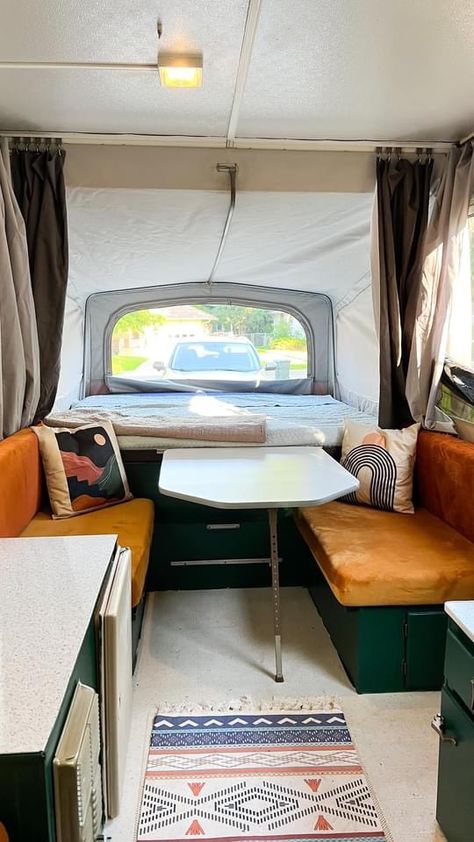 Pop Up Camper Remodel Green, Pop Up Camper Green Cabinets, Green Cabinets Camper, Green Pop Up Camper Interior, Pop Up Camper Interior Design, Tv In Pop Up Camper, Pop Up Camper Renovation Diy, Retro Pop Up Camper, Green Camper Cabinets