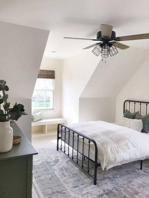 Industrial Farmhouse Bedroom, Farmhouse Guest Bedroom, Slanted Walls, Ideal Bedroom, Cottage Modern, Modern Farmhouse Bedroom, Slanted Ceiling, Behr Paint, Favorite Paint