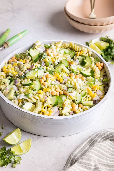 Fresh & Healthy Cilantro Lime Pasta Salad (Super Creamy!) Cilantro Lime Pasta Salad, Cilantro Lime Pasta, Lime Pasta Salad, Pasta Salad With Chickpeas, Lime Pasta, Salad With Chickpeas, Creamy Pasta Salads, Cold Pasta Salad Recipes, Cilantro Lime Dressing