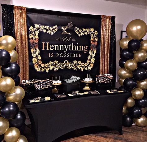 Hennessy Party Decorations, 35 Bday Party Ideas, Hennessy Party Ideas Decor, 65th Birthday Ideas, Hennessy Party, Hennything Is Possible, Treats Table, Gatsby Birthday Party, Black And Gold Party Decorations