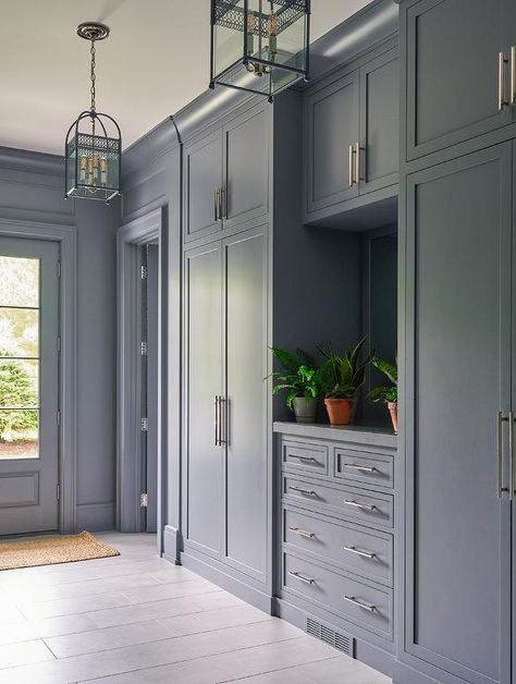 Light Blue Mudroom, Blue Mudroom Cabinets, Transitional Mudroom, Blue Mudroom, Blue Beadboard, Basement Redesign, Beadboard Trim, Transitional Laundry Room, Mudroom Cabinets