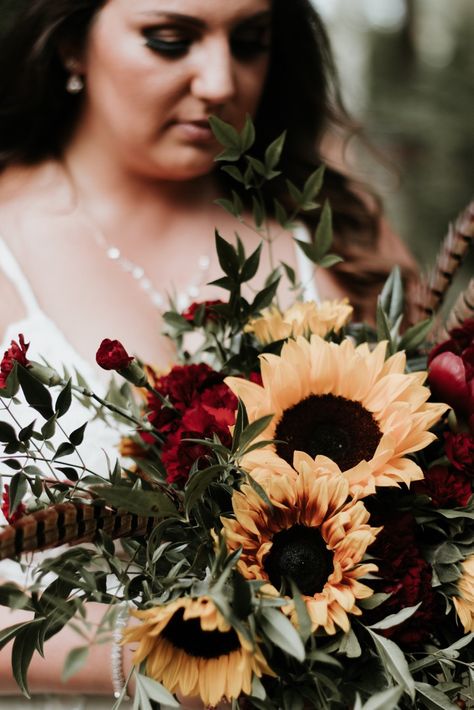 Fall Wedding Bouquets And Boutineers, Pheasant Feather Wedding Bouquet, Bouquet Sunflower, Feather Bouquet, Wedding Flowers Sunflowers, Antler Wedding, Lotus Pods, Sunflower Wedding Bouquet, Boho Wedding Bouquet