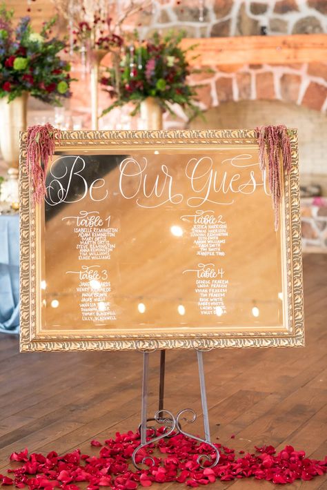 Be Our Guest Mirror Sign | A Beauty and the Beast Wedding Inspiration - A PRINCESS INSPIRED BLOG Be Our Guest Sign Wedding, Beauty And The Beast Quince, Princess Wedding Theme, Beauty And The Beast Wedding Theme, Beauty And Beast Wedding, Beauty And The Beast Theme, Beauty And The Beast Party, Belle Beauty And The Beast, Quinceanera Themes