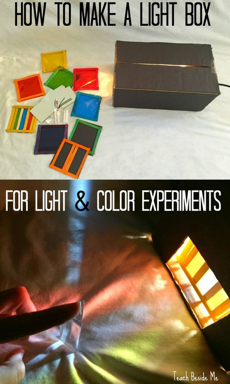 How to make a light box for color and light experiments. This is a great STEM / STEAM education project. Color And Light Art, Light Theme Preschool, Light And Dark Toddler Activities, Light Preschool Activities, Light Experiments For Kids, Color Science Experiments, Rainbow Stem, Light Science Experiments, Light Box Activities