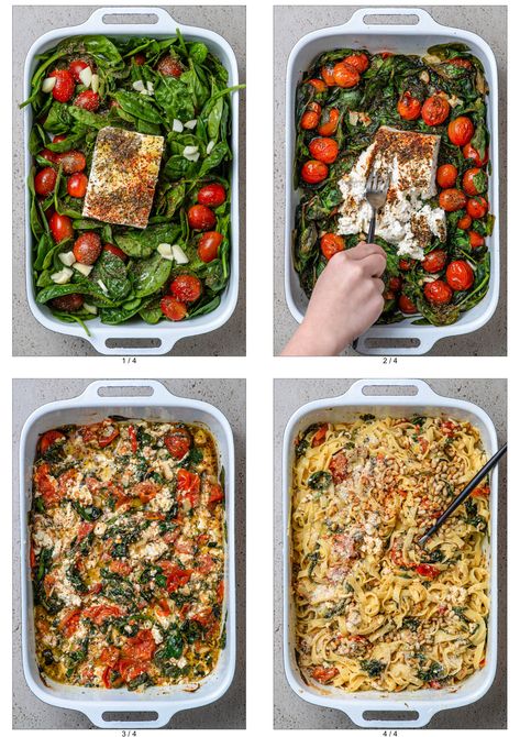 Discover this easy baked feta pasta recipe featuring creamy feta, roasted tomatoes, and fresh spinach. Feta Tray Bake, Spinach And Feta Pasta Bake, Feta Tomatoes Pasta Bake, Tomatoes And Feta Pasta, Feta Pasta With Spinach, Feta Tomato Pasta Bake, Spinach And Feta Pasta, Baked Feta With Tomatoes, Feta Pasta Bake