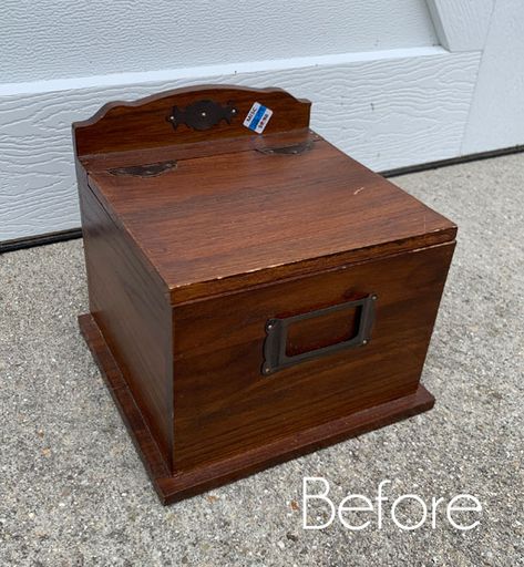 $2 Thrift Store Box Makeover Amber Furniture, Secretary Desk Makeover, Shelf Makeover, Wicker Rocker, Repurposed Headboard, Painting Bathtub, Box Makeover, Thrift Flips, Metal Mailbox