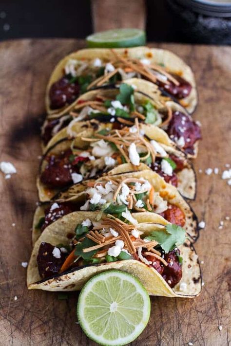 Korean Fried Chicken Tacos with Sweet Slaw, Crunchy Noodles + Queso Fresco. Adobo Chicken Tacos, Sweet Slaw, Fried Chicken Tacos, Crunchy Noodles, Fried Chicken Taco, Tortilla Recipes, Food Work, Asian Slaw, Korean Fried Chicken